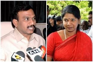 Former telecom minister and DMK leader A. Raja (left) and Kanimozhi.